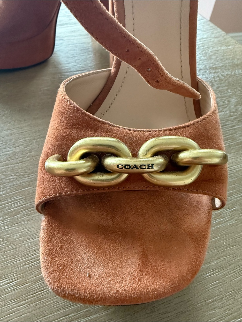 Coach Rust Suede Chain-Embellished Block Heel Sandals - Picture 3 of 10